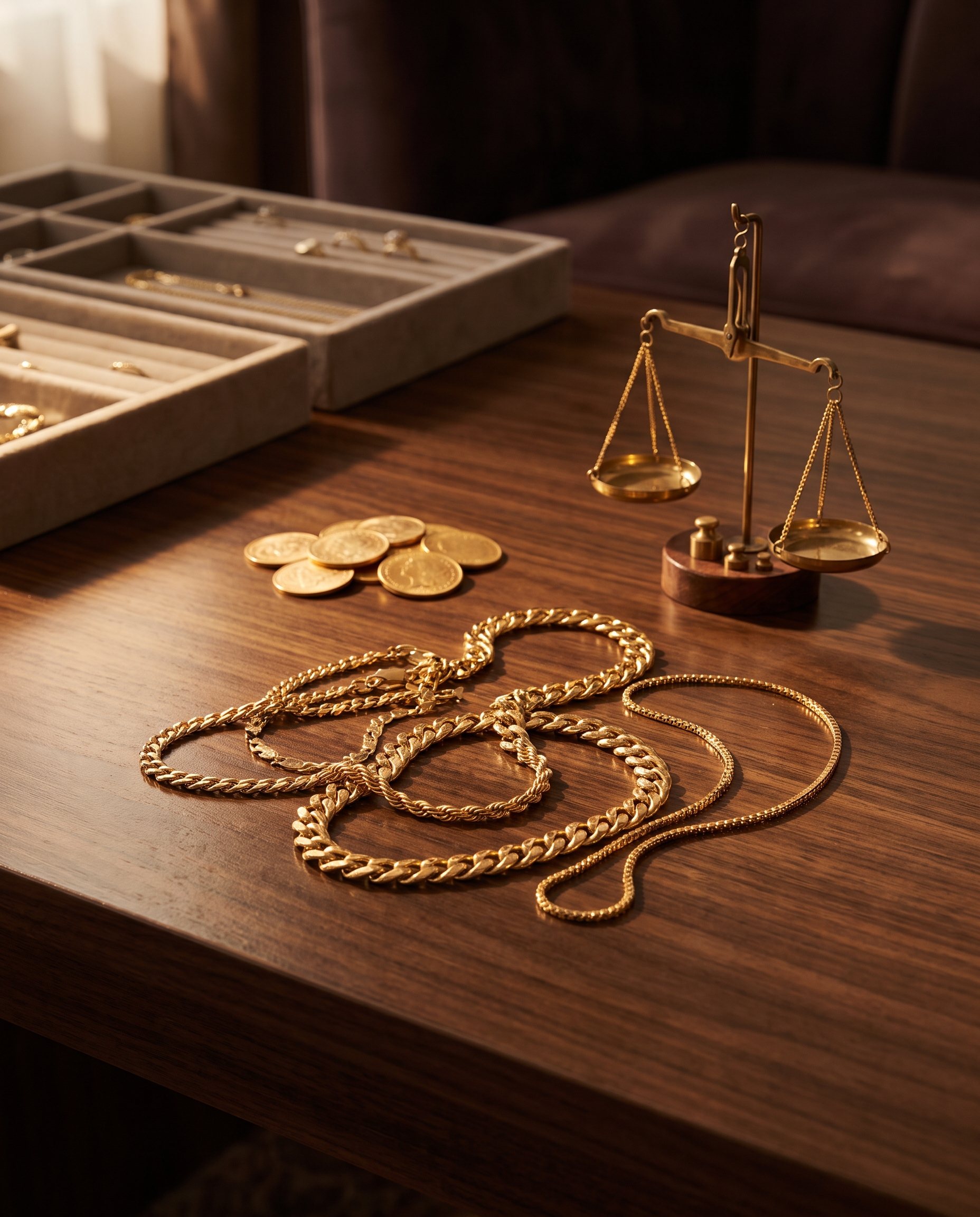 Goldschmuck, Goldmünzen und eine Waage auf dunklem Holztisch