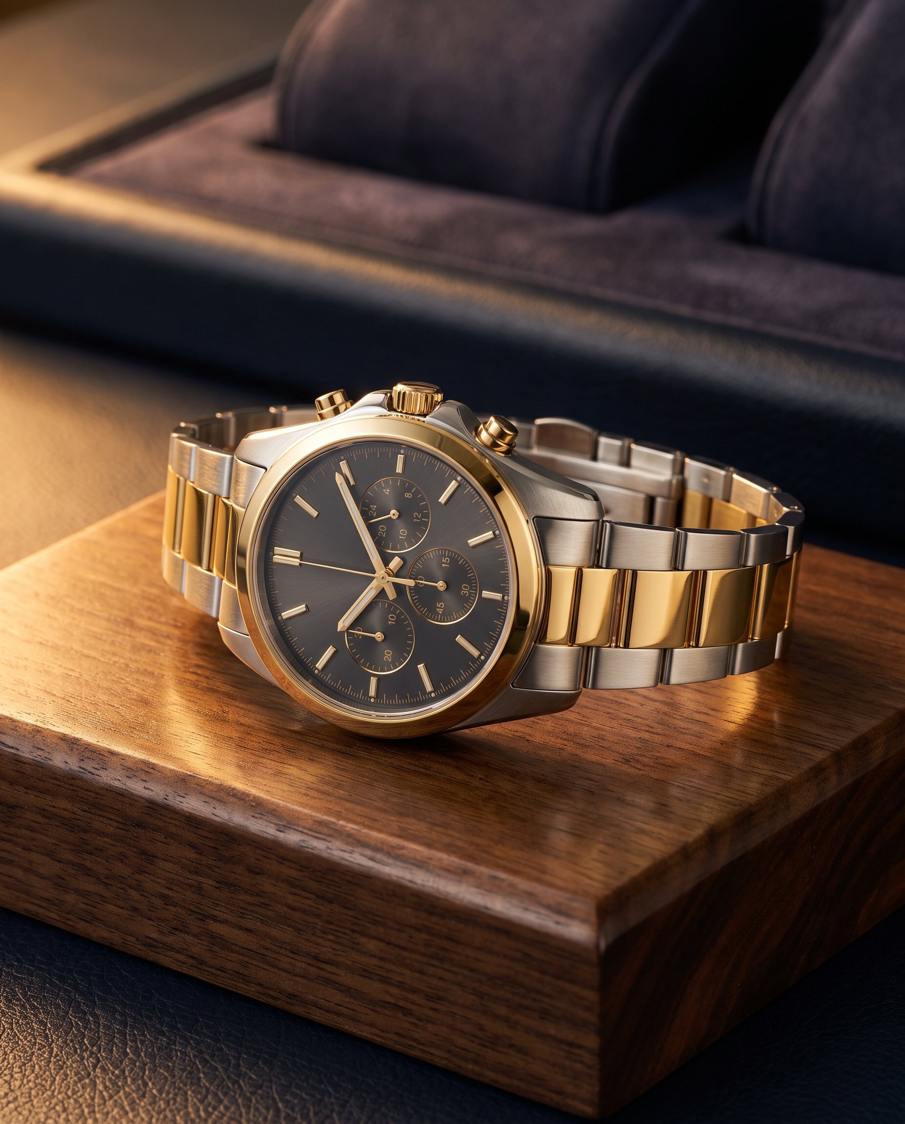 Elegante Herren-Chronograph-Armbanduhr mit Stahl-Gold-Armband auf dunklem Holz