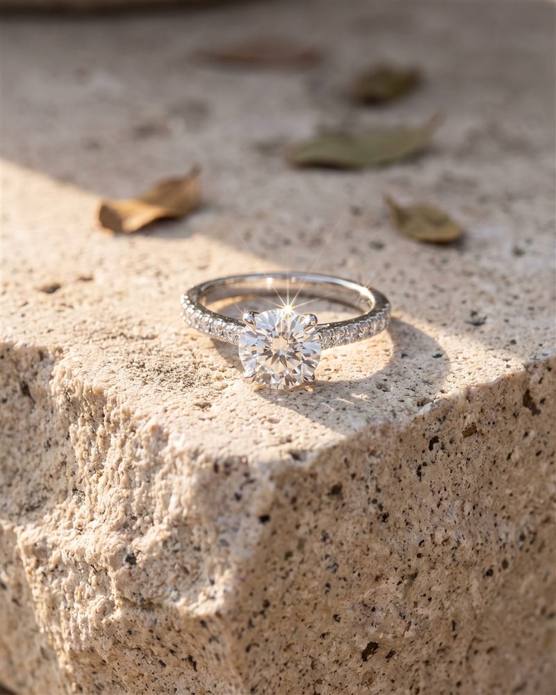 Nahaufnahme eines funkelnden Verlobungsrings mit Diamant